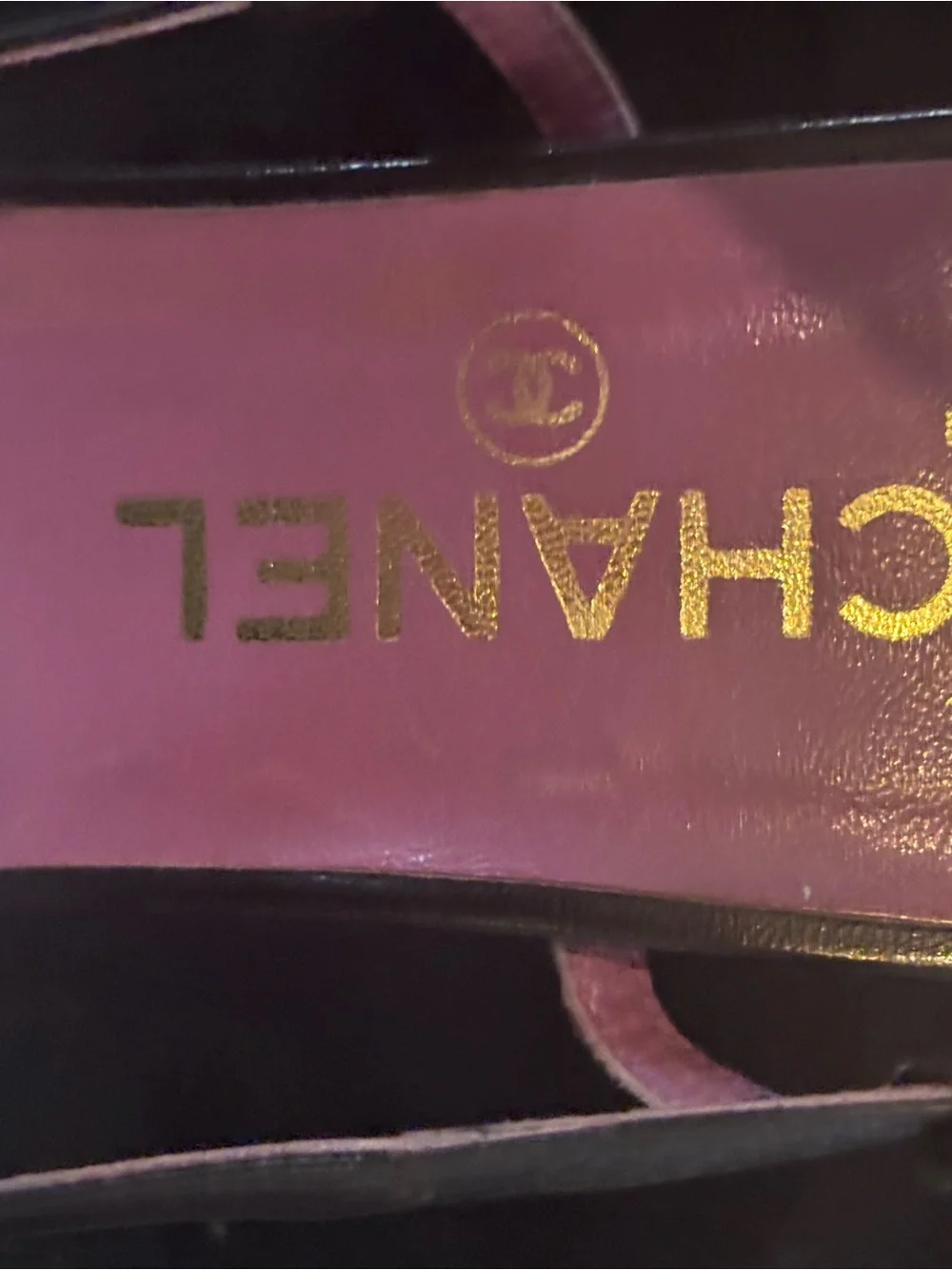 CHANEL Black Leather Pointed Slingback Heels with Pink Insole